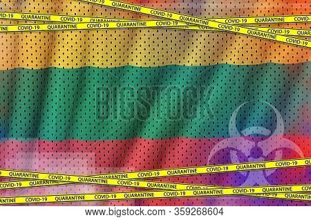 Lithuania Flag And Covid-19 Quarantine Yellow Tape. Coronavirus Or 2019-ncov Virus Concept