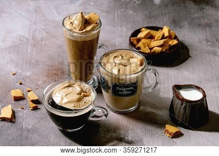 Dalgona Frothy Coffee Trend Korean Drink Latte Espresso With Coffee Foam In Three Different Glass Cu