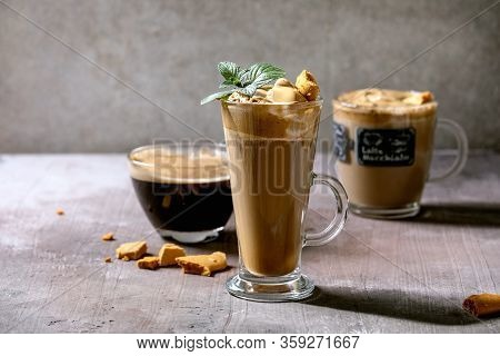 Dalgona Frothy Coffee Trend Korean Drink Latte Espresso With Coffee Foam In Three Different Glass Cu