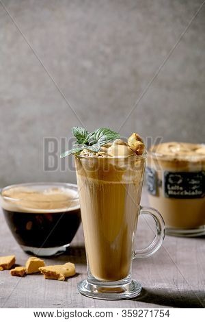 Dalgona Frothy Coffee Trend Korean Drink Latte Espresso With Coffee Foam In Three Different Glass Cu