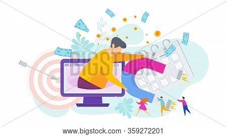 Attracting Potential Customers. Man With Huge Magnet Attracts People. Advertising Company. Increase 