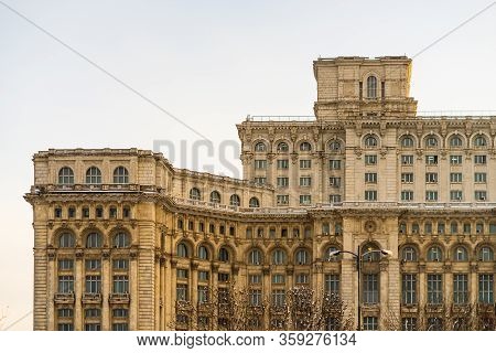 Detail Photo Of The Famous Palace Of The Parliament (palatul Parlamentului) In Bucharest During Wint
