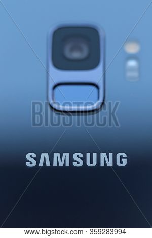 Brecht/belgium - April 1 2020: A Closeup Portrait Of The Samsung Company Brandname On The Back Of A 