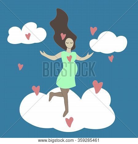 Pregnant Young Woman In The Clouds And Hearts