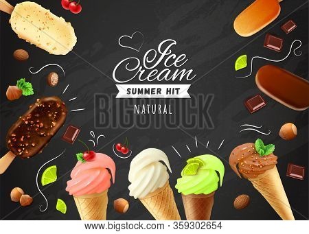 Ice Cream Chalkboard With Frame Of Eskimo Pies With White Dark And Milc Varieties Of Chocolate Glaze