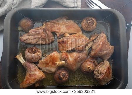 Roast Meat Of Suckling Lamb (suckling Lamb). Fresh From The Oven And Smoking. Prepared On A Roasting