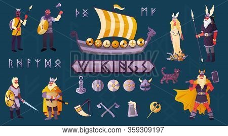 Vikings Flat Colorful Elements Set With Longship Weapon Shield Armor Costume Horned Helmet Domestica