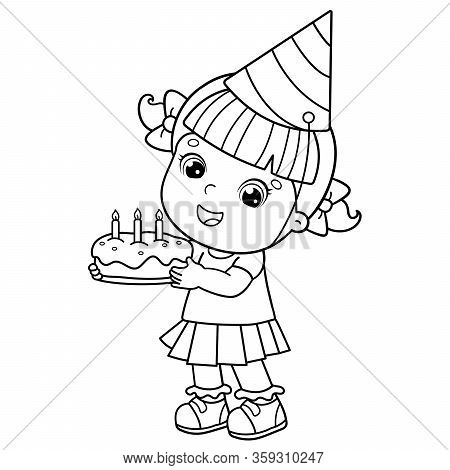 Coloring Page Outline Of a cartoon girl with a cake at the holiday. Birthday. Coloring book for kids