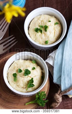 Dietary Souffle Of Minced Meat With Parsley On A Dark Background.