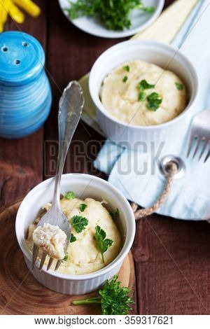 Dietary Souffle Of Minced Meat With Parsley On A Dark Background.