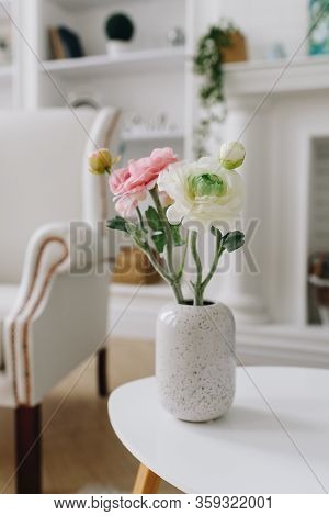 Vertical Close-up Of Bouquet Of Flowers On Tea Table In Nice Interior