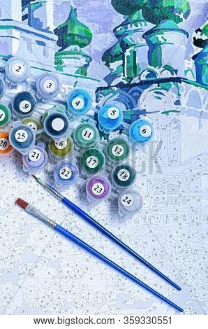 Numbered Containers With Paints And Brushes. Drawing By Numbers. Vertical Crop.