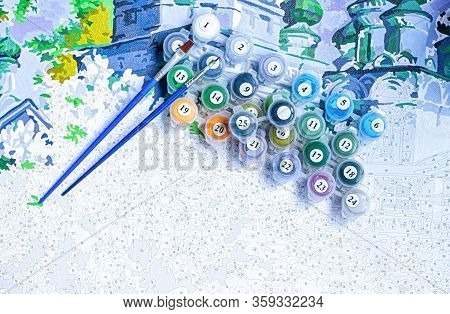 Painting By Numbers. Set To Paint The Picture, Includes A Canvas, Paints Of Different Colors, Brushe
