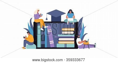 E-learning Education Concept Flat Vector Illustration. People Accessing Knowledge And Online Library