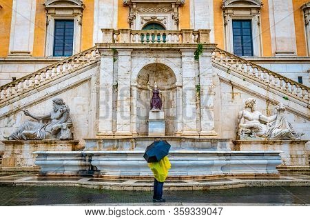 Rome, Italy. Marble Sculptures Of Nile River God, Dea Roma And Tiber River God Along Front Entrance 