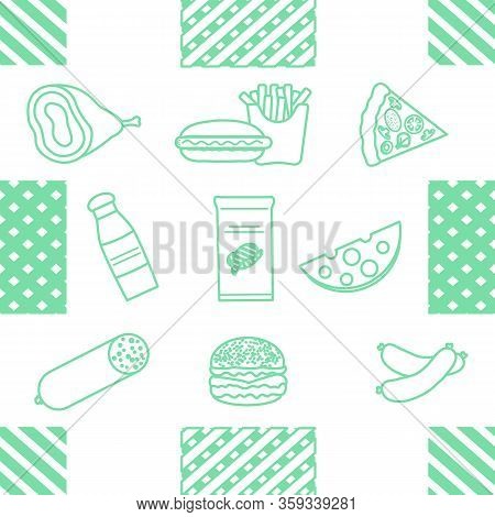 Seamless Pattern With Food. Sausage, Hamburger, Cheese, Pizza, French Fries, Chips, Hot Dog, Ham.  U