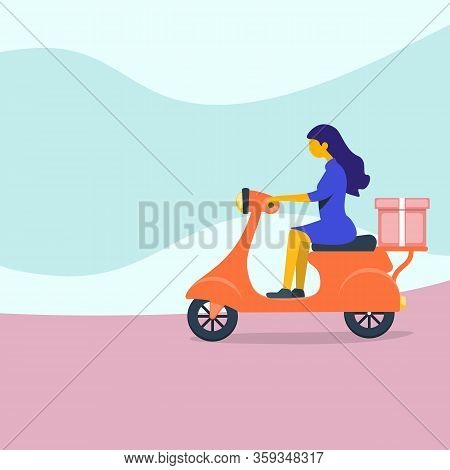 Express City Delivery On Scooter. Fast Shipment Concept. Delivery Service Poster With Female Charact