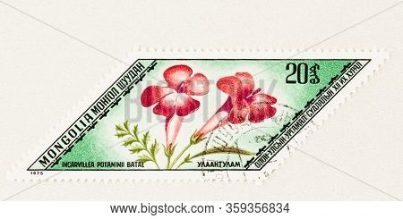 Seattle Washington - April 2, 2020: Close Up Of Mongolia Stamp Featuring Chinese Trumpet Flower, Inc
