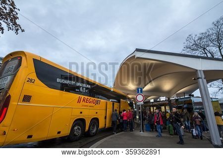 Brno, Czechia - November 5, 2019: Regiojet Logo On Passenger Bu Belonging To The Company. Part Of St