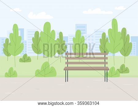 City Summer Spring Park Panorama With Green Trees, Bench, Walkway, Path, City Silhouette, . Town And