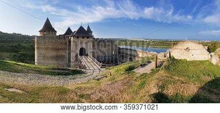 Beautiful view of The Khotyn Fortress. The most remarkable medieval landmark of  central Ukraine. Travelling across Ukraine.
