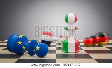 chess pawns with Italian, French German and European flag. concept of challenge and conflict. The exit of Italy marks the end of the European community. 3d render