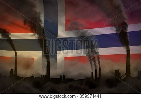 Dark Pollution, Fight Against Climate Change Concept - Plant Pipes Dense Smoke On Norway Flag Backgr