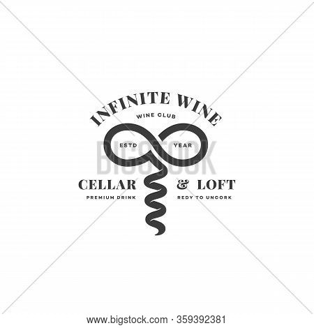 Infinite Wine Logo Design Template With Corkscrew. Vector Illustration.