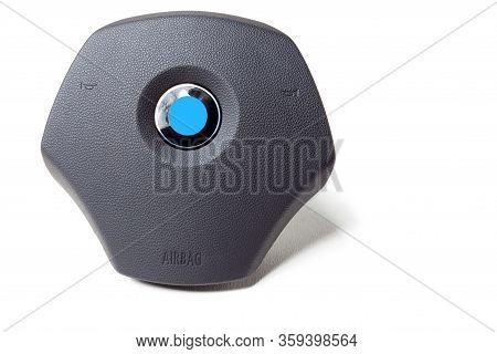 Spare Part And Interior Element From A Car Driver Airbag In The Steering Wheel On A White Isolated B
