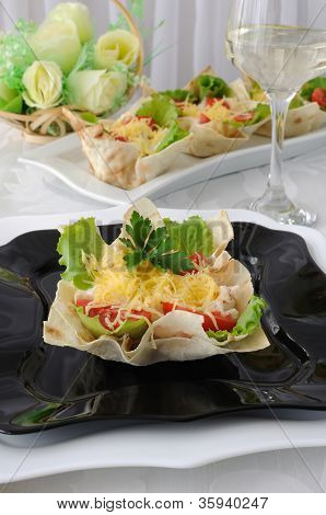 Basket, Stuffed With Chicken, Tomatoes And Cheese