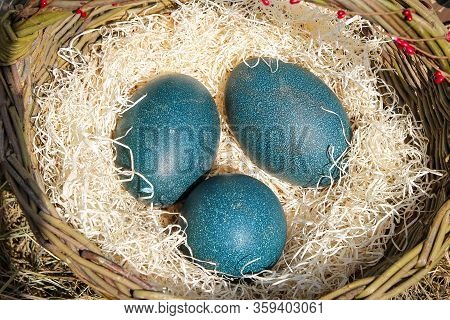 Duck White Eggs In A Basket. Easter Still Life.