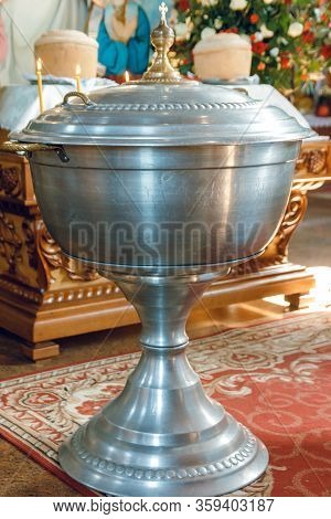 The Ceremony Of The Baptism. Orthodox Church. Church Supplies, Utensils.
