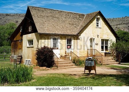 Capitol Reef National Park, Utah, United States - July 8 2009: Gifford Homestead Farmhouse In Capito