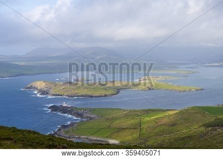 Beautiful Aerial View Of Beginish Island. Locations Worth Visiting On The Wild Atlantic Way. Scenic 