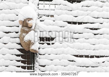 Toy Monkey In The Snow On A Background Of A Metal Grill.
