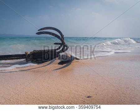 An Anchor Of A Boat Lying On The Govind Nagar Beach In The Andamans, India. Creative Low Angle Shot.