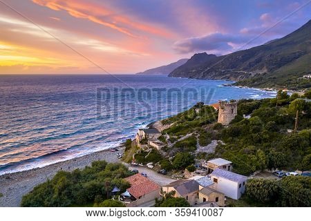 Aerial View Of Corsican Coast With Genoese Watch Tower On Cap Corse Near Farinol. Corsica, France.