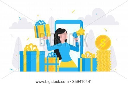 Online Reward Flat Style Design Vector Illustration Landing Page Concept. Woman With Megaphone And G