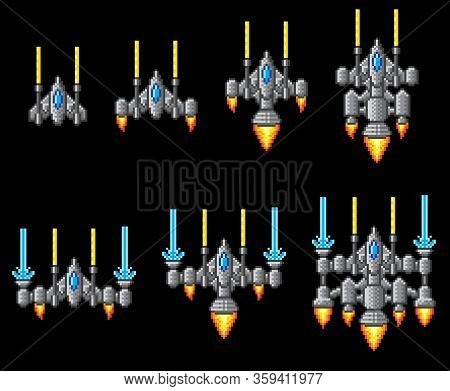 Pixel Art Arcade Video Game Spaceship Graphic Set With Ship Being Upgraded Or Powered Up