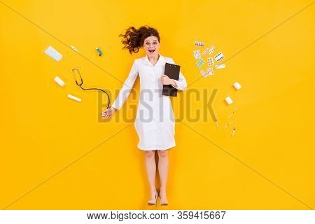 We Found Covid-19 Cure. Top Above High Angle View Full Size Photo Surprise Doc Woman Flat Lay Surrou