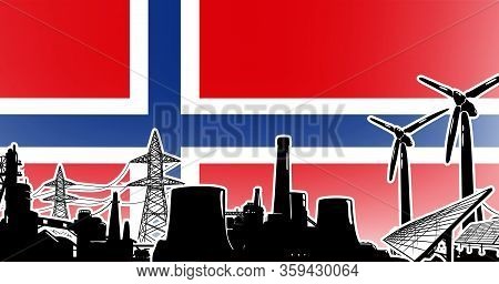 Norway Energy Production Vector With Sun Power, Wind Generators, Atomic And Coal Power Plants And El