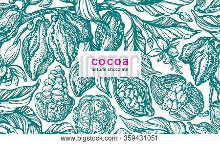 Cocoa Background. Vector Nature Card. Hand Drawn Tree, Fresh Bean, Green Foliage, Summer Flower In B