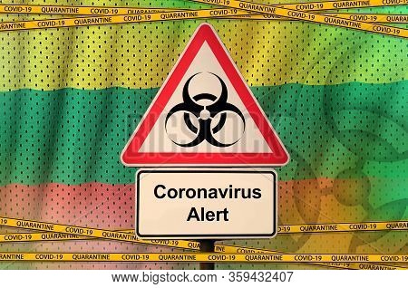Lithuania Flag And Covid-19 Biohazard Symbol With Quarantine Orange Tape. Coronavirus Or 2019-ncov V