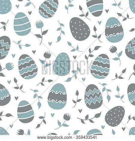 Spring Easter Pattern, Easter Eggs, Flowers On White Background