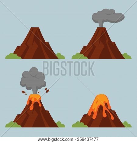 Vector Set Of Volcanoes Of Varying Degrees Of Eruption. Flat Style Illustration With Isolated Object