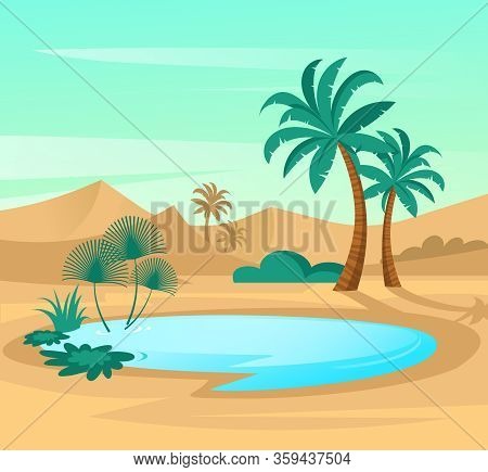 Oasis In Desert. Landscape Scene In Flat Design. Vector Illustration With Sand Dunes, Blue Lake And 