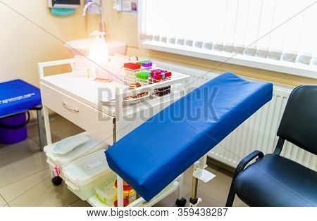 Rack Of Blood Tubes Test For Analysis In The Laboratory Of Hematology. Pneumonia Diagnosing. Covid-1