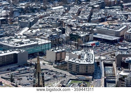 Andorra La Vella, Andorra : 2020 Feb 14 :  Aerial. Winter Day Whit Snow In The City Of Winter Of And