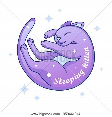 Vector Flat Logo Of Pet Shop, Vet Clinic, Company Or Brand. 
Little Cute Sleeping Cat With Stars Aro