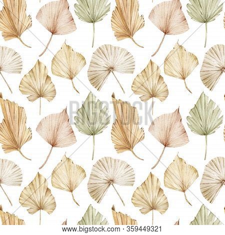 Watercolor Seamless Pattern Of Beige And Creamy Palm Leaves. Exotic Golden Blush Background. Tropica